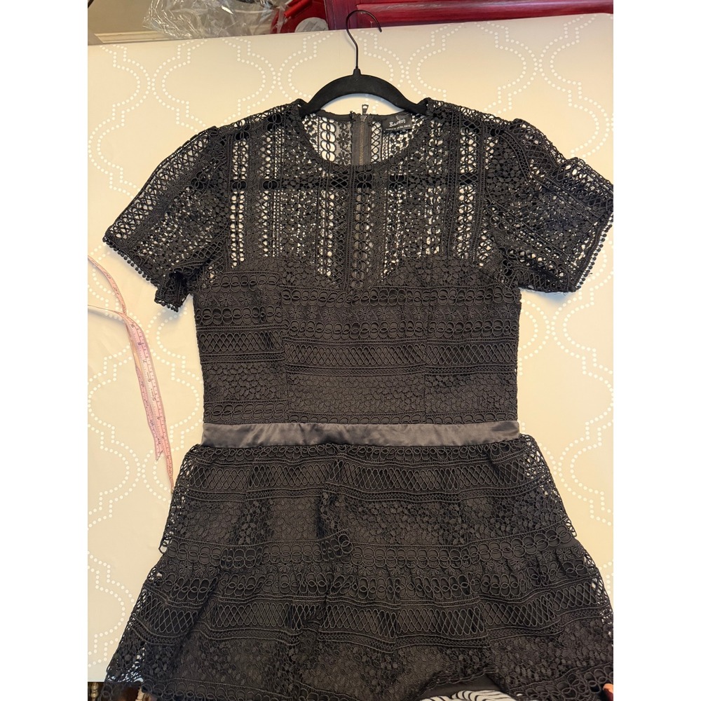 Bardot Lace Mini Dress Tiered Crochet Short Sleeve Black Size 10 NWOT - Picture 3 of 10
